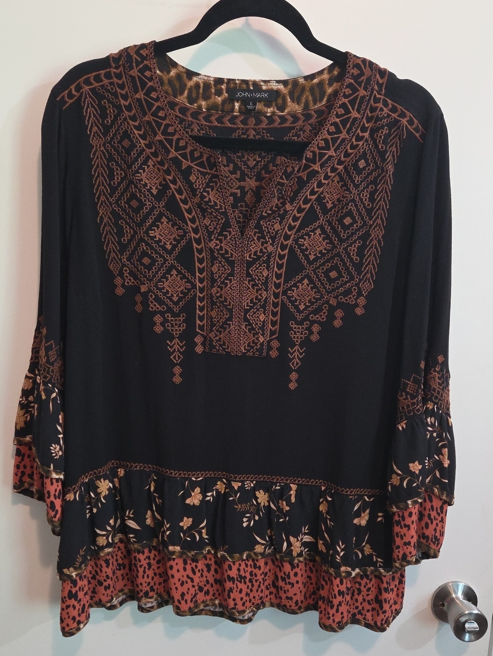 John Mark Black Blouse w/ Rust Embroidered Yoke and Mixed Print Hem